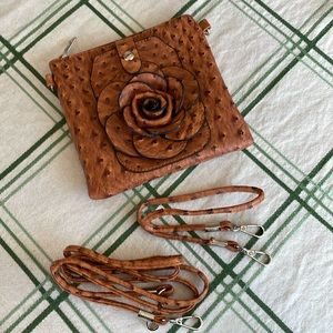 22 Tote ostrich look vegan leather cross body bag in camel color